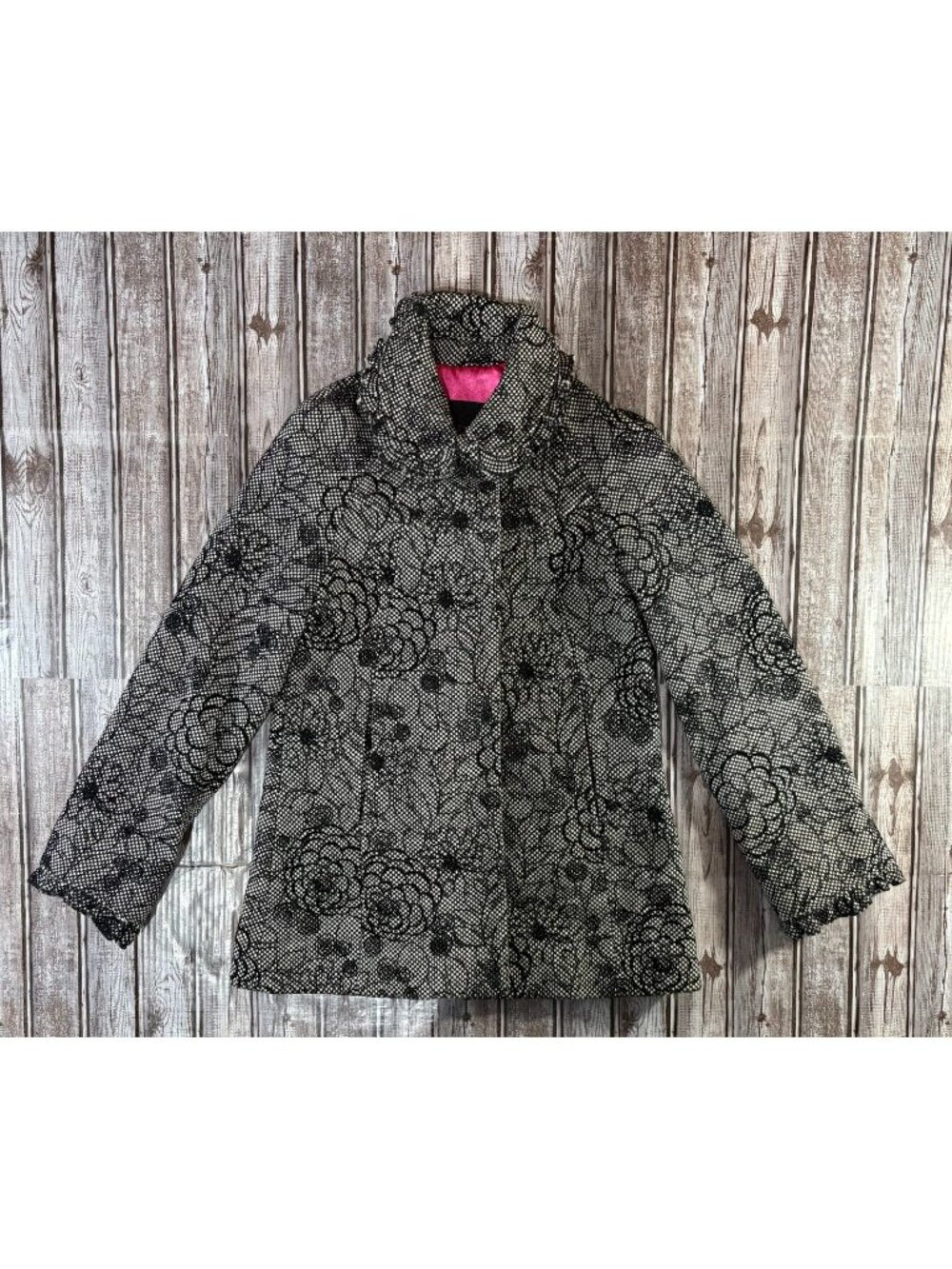 Betsey Johnson Floral Ruffle Collar Button Coat size 2 color grey black vintage